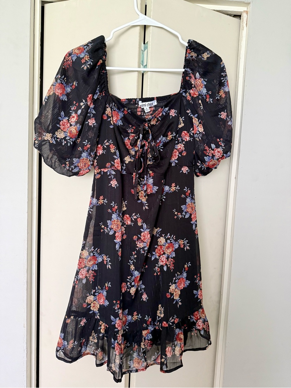 Mimi Chica Black Mini Dress with Pink & Red Floral Print